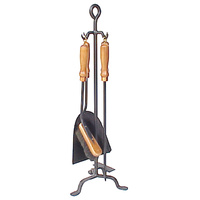 FPT023 Black DELUXE Tongio Forging 4 piece Fire Tool set w Wood handles