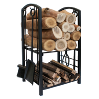 WC014 Black Heavy Duty Steel XL Firewood Log Storage Rack Holder w 2 shelves, 4 Fire tool set