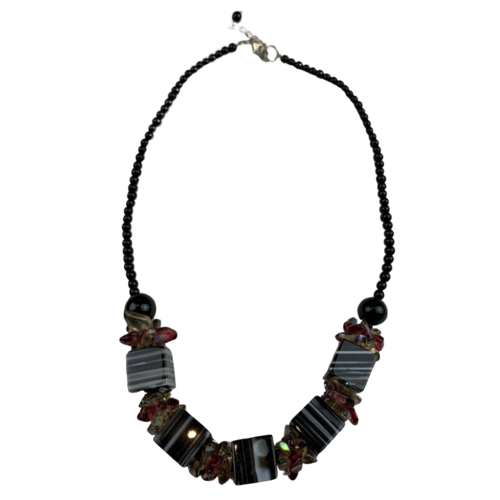 NS09 Beaded Necklace w stone and glass; Black / Red