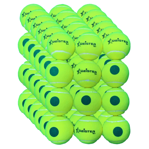 72 x Meister S1 (Stage 1) Green Spot Tennis Balls - 25% slower bounce suits 9-10 yr olds  PD038 (6 packs)