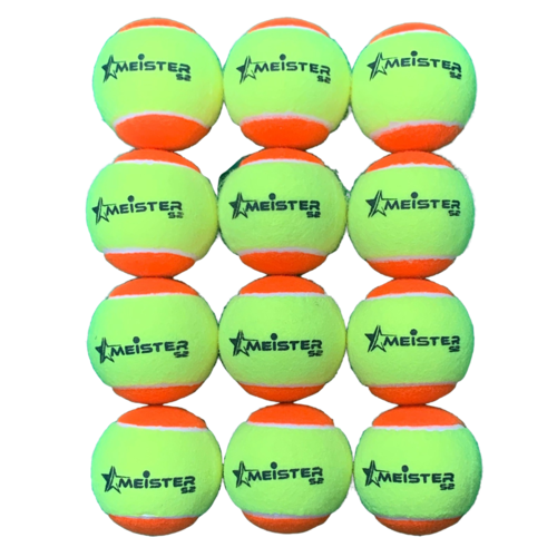 PD039; 12 x Meister S2 (Stage 2) Orange Spot Tennis Balls - 50% slower bounce suits 8 to 9 yr olds; Yellow/Orange