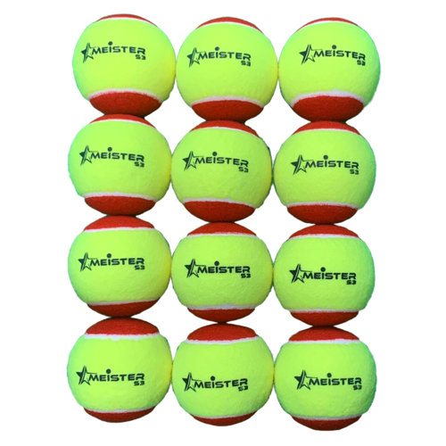 PD040; 12 x Meister S3 (Stage 3) Red Spot Tennis Balls - 75% slower bounce suits 5 to 8 yr olds; Yellow/Red