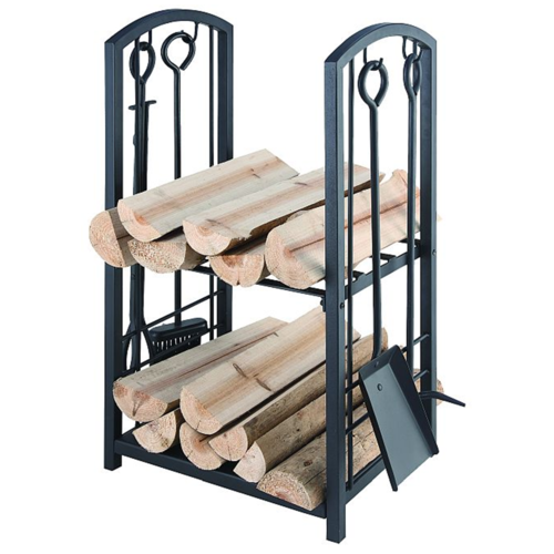 WC07 Black Heavy Duty Steel Firewood Log Storage Rack Holder w 2 shelves, 4 Fire tool set