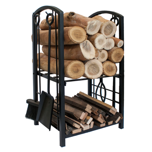 WC014 Black Heavy Duty Steel XL Firewood Log Storage Rack Holder w 2 shelves, 4 Fire tool set