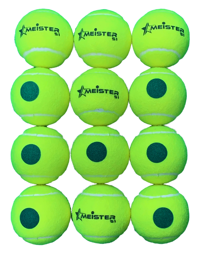 Details about   72 x Meister S1 25% slower bounce suits 9-10 Green Spot Tennis Balls Stage 1 