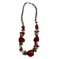 NS03 Beaded Necklace w stone; Red / Natural / White