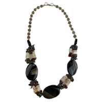 NS06 Beaded Necklace w stone and glass; Black / Natural / White