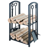 WC07 Black Heavy Duty Steel Firewood Log Storage Rack Holder w 2 shelves, 4 Fire tool set
