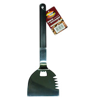BBQ Champ Spatula, large blade, stainless steel, 240mm handle, has bottle opener, serrated cutting edge, sausage pricker