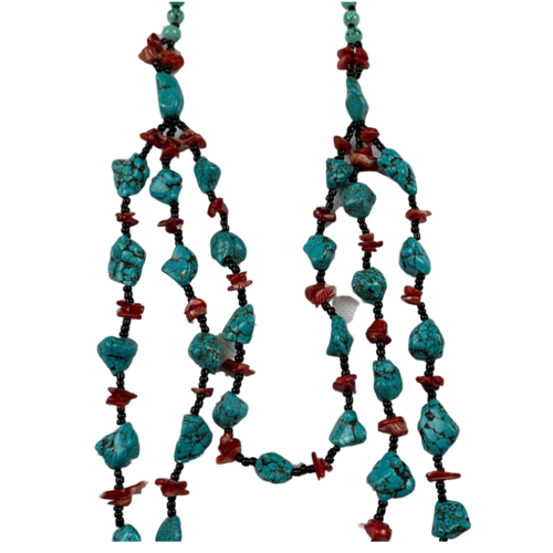 NL03 Beaded Necklace w stone; Turquoise, Red