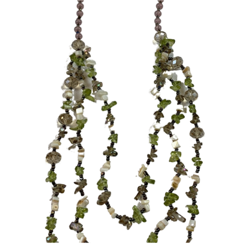 NL04 Beaded Necklace w stone and glass; Green, White, Black