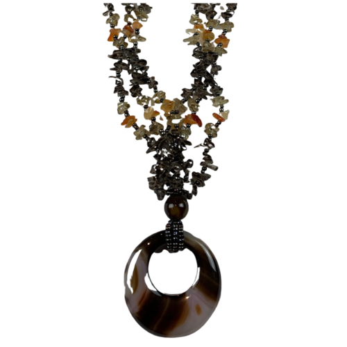 NL10 Beaded Necklace w stone and glass; Natural, Amber, Black