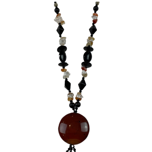 NL18 Beaded Necklace w stone and glass; Natural, Black, Clear