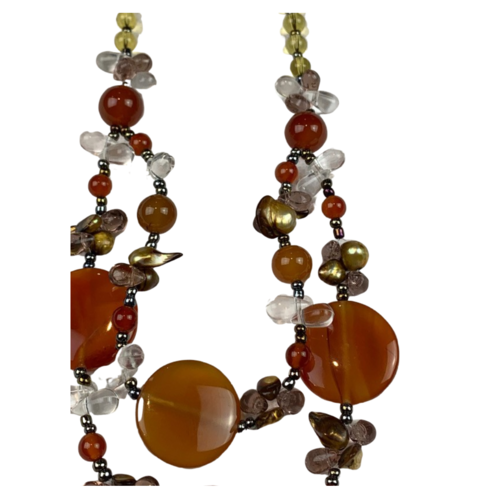 NS01 Beaded Necklace w stone; Amber, Black, Gold, Clear