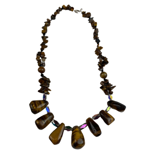 NS05 Beaded Necklace w stone; Tan, Brown