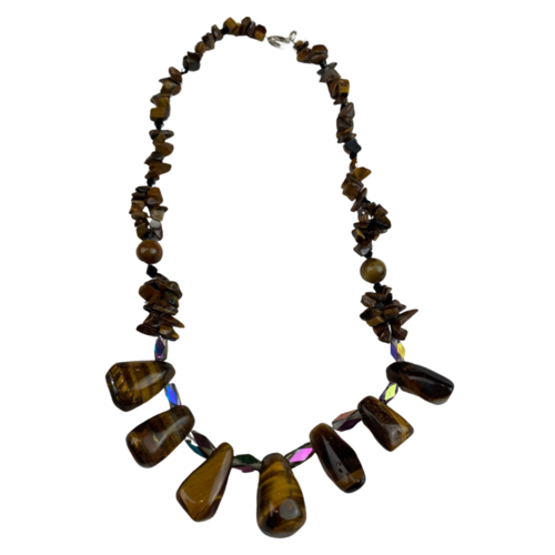 NS05 Beaded Necklace w stone; Tan, Brown