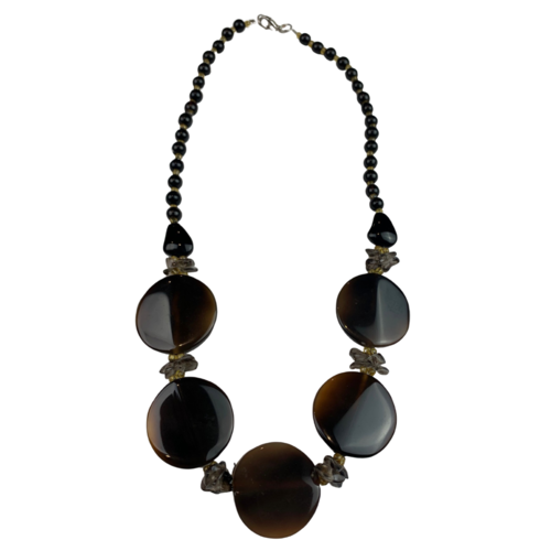 NS07 Beaded Necklace w glass; Dark Brown