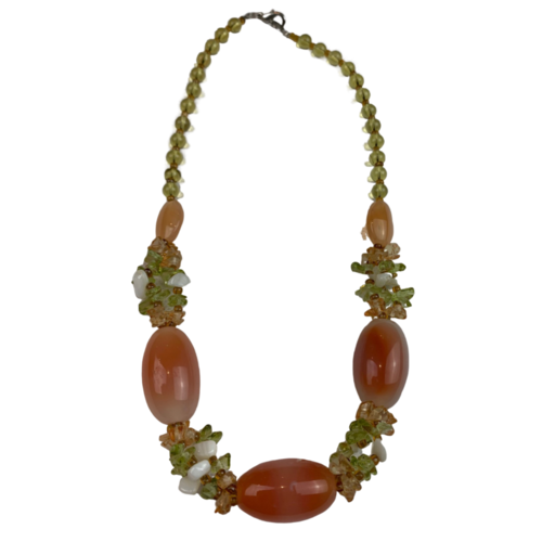 NS08 Beaded Necklace w stone and glass; Green / Natural
