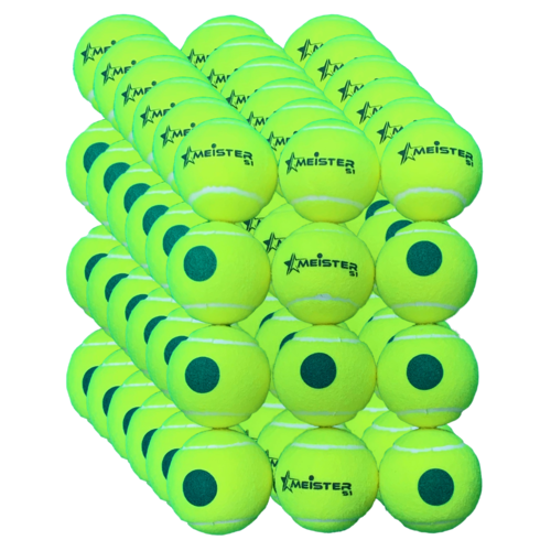 72 x Meister S1 (Stage 1) Green Spot Tennis Balls - 25% slower bounce suits 9-10 yr olds  PD038 (6 packs)