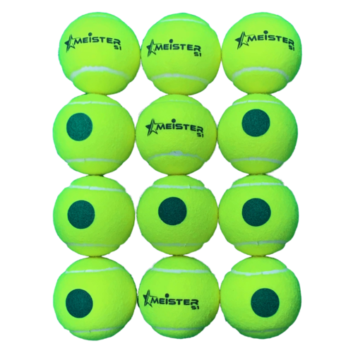 PD038; 12 x Meister S1 (Stage 1) Green Spot Tennis Balls - 25% slower bounce suits 9-10 yr olds; Yellow/Green