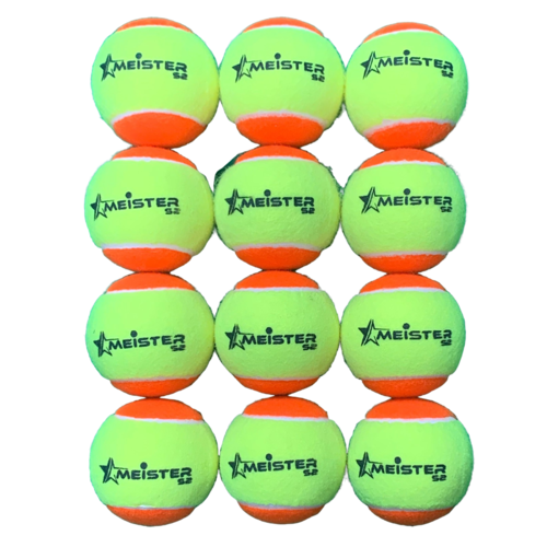 PD039; 12 x Meister S2 (Stage 2) Orange Spot Tennis Balls - 50% slower bounce suits 8 to 9 yr olds; Yellow/Orange