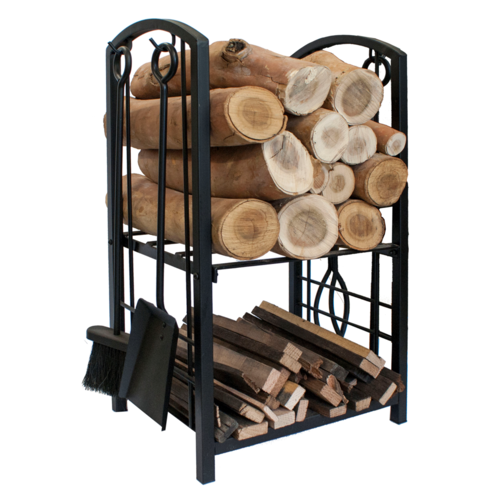 WC014 Black Heavy Duty Large Steel Fire Wood Log Rack w 4 Fireplace Tools