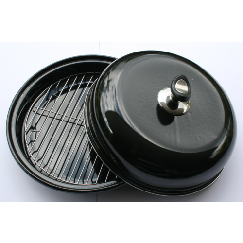 BBQP01 33cm dia BBQ Food Hot Platter Enamel w Chrome rack; Black; Non-stick base