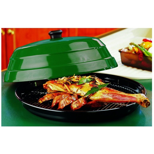 BBQP04 41cm dia 19cm H BBQ Jumbo SupaServa Hot Food Platter; Green w Vitreous Enamel Base