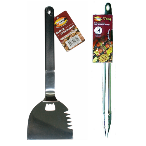 BBQ 2 Tool Set, Locking Tongs, 380mm L; Turner Spatula with bottle opener, 360mm L, both stainless steel