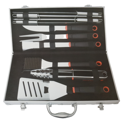 BQA004 25x45cm; 10 piece stainless steel BBQ tool set with carry case
