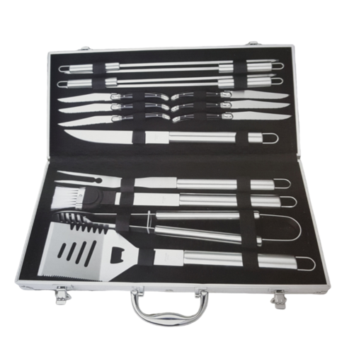 BQA005  25x48cm; 15 piece stainless steel BBQ Tool set with carry case